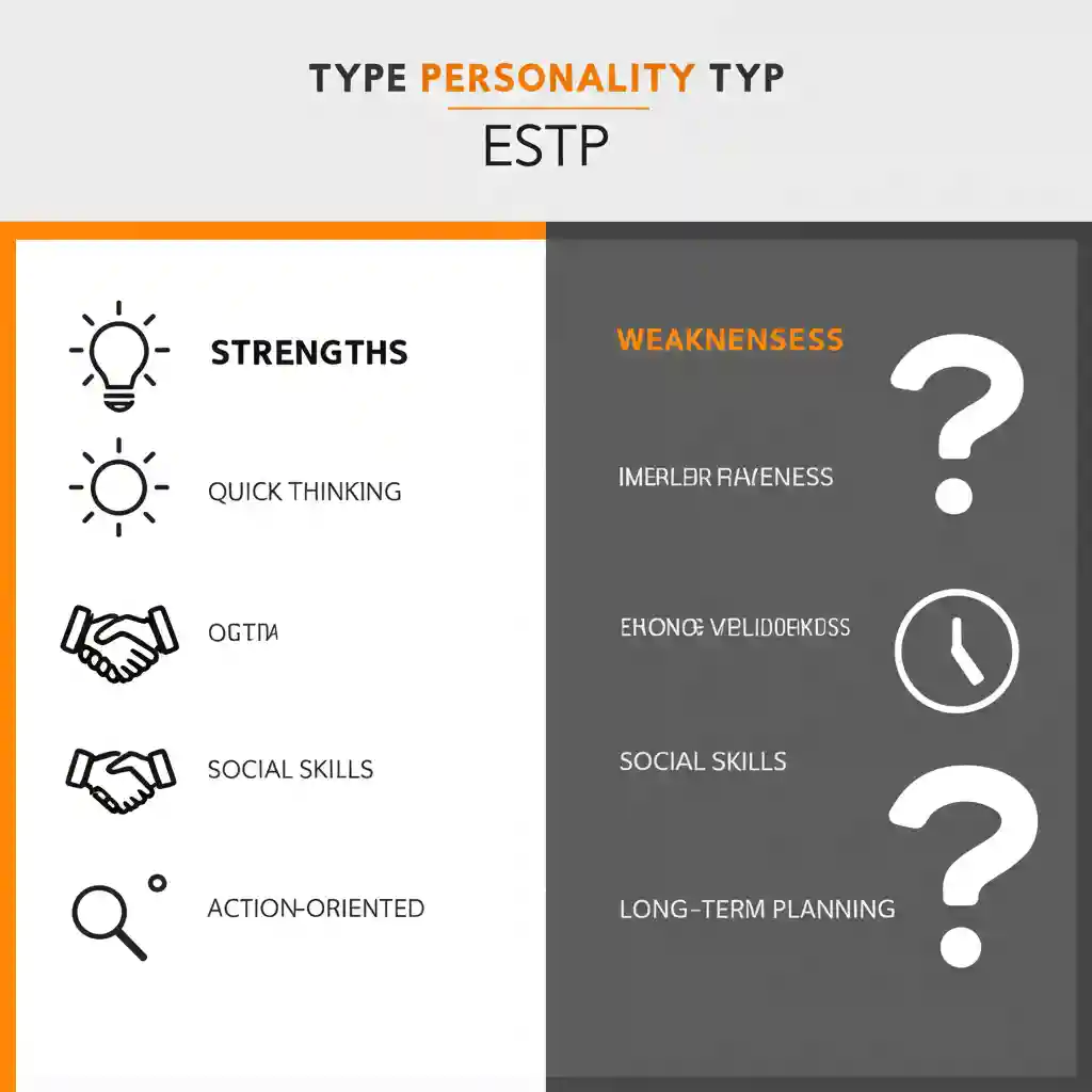 ESTP 유형의 강점과 약점을 시각적으로 보여주는 인포그래픽. 빠른 사고, 사교성, 실행력은 강점으로, 충동성, 세부 사항 간과는 약점으로 표현됩니다.