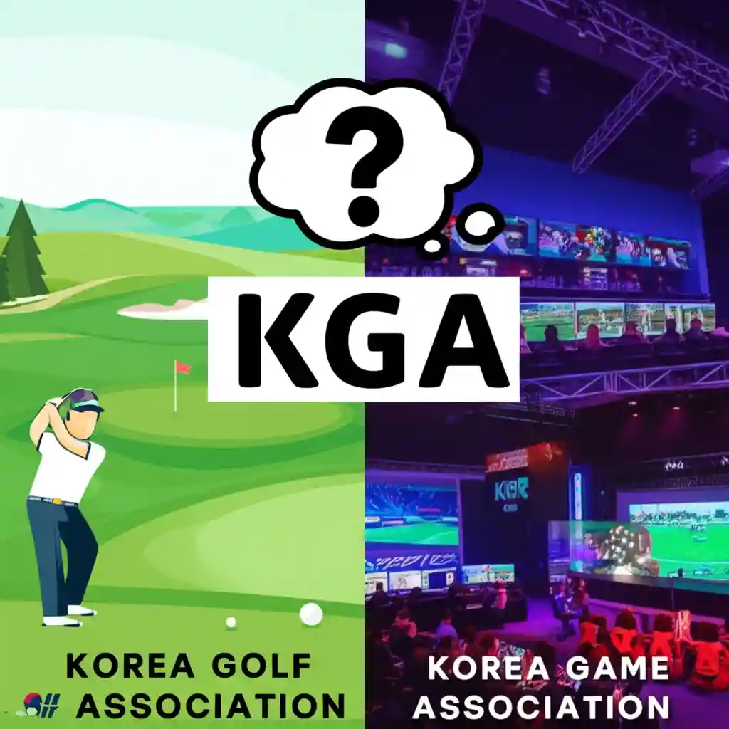 KGA 약어의 다양한 의미를 시각적으로 표현한 이미지: 골프장과 게임 전시회 장면이 KGA라는 글자를 중심으로 양쪽에 배치되어 혼란스러운 의미를 나타냅니다.