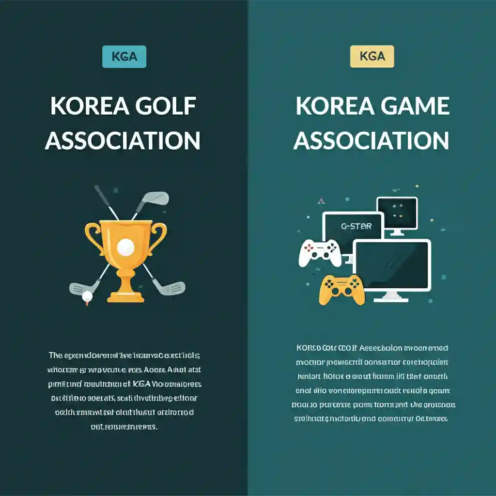 KGA의 주요 두 가지 의미인 한국골프협회와 한국게임산업협회를 비교 설명하는 인포그래픽으로, 각 협회의 역할과 특징을 아이콘과 함께 보여줍니다.