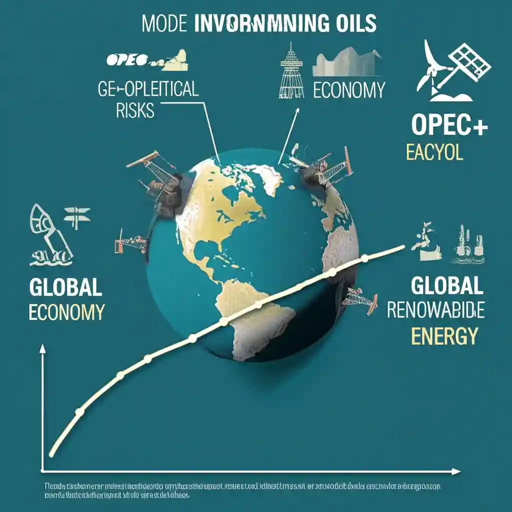 2024년 국제유가 전망을 나타내는 인포그래픽: OPEC+, 글로벌 경제, 지정학적 리스크, 재생에너지 등 주요 변수들이 유가 변동에 미치는 영향을 시각적으로 표현.