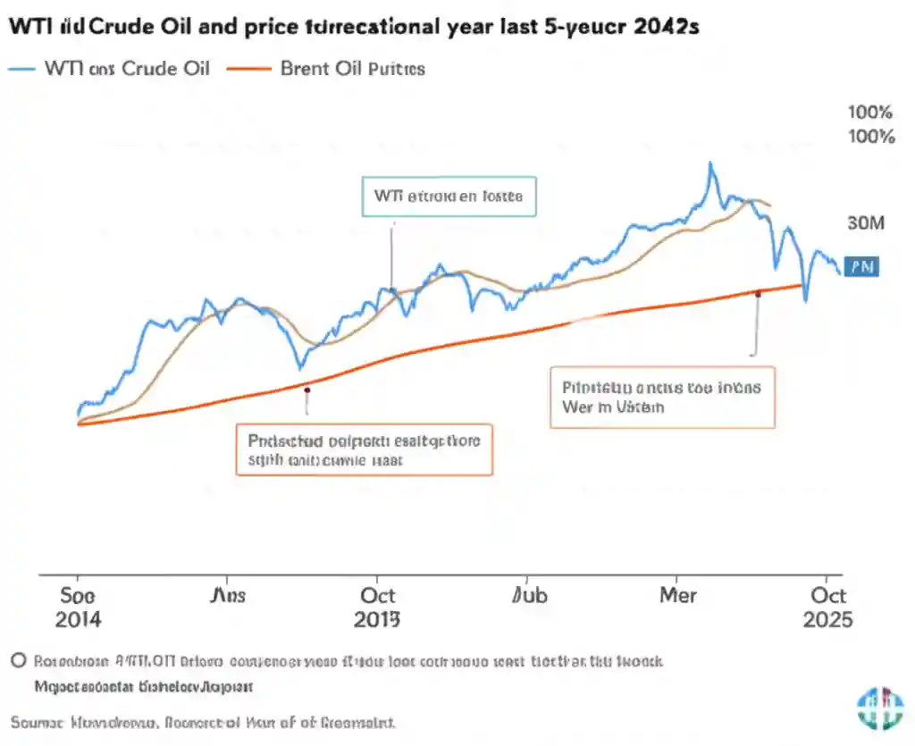 지난 5년간의 WTI 및 브렌트유 국제유가 추이와 2024-2025년 전망치를 보여주는 차트. 주요 사건들이 유가에 미친 영향이 표시됨.
