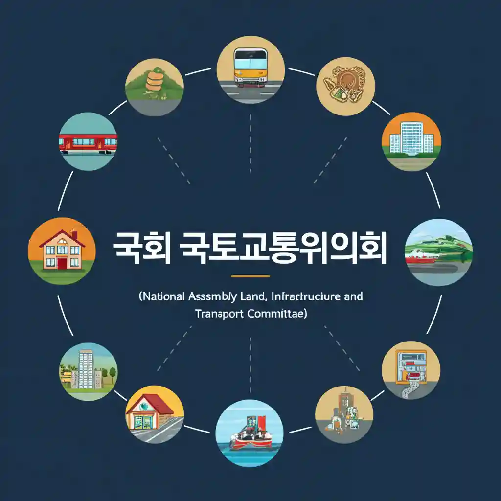 국회 국토교통위원회의 주요 책임과 범위를 보여주는 인포그래픽. 주택, 교통, 스마트시티, 국토 개발, 안전 등 핵심 분야를 아이콘으로 시각화했습니다.