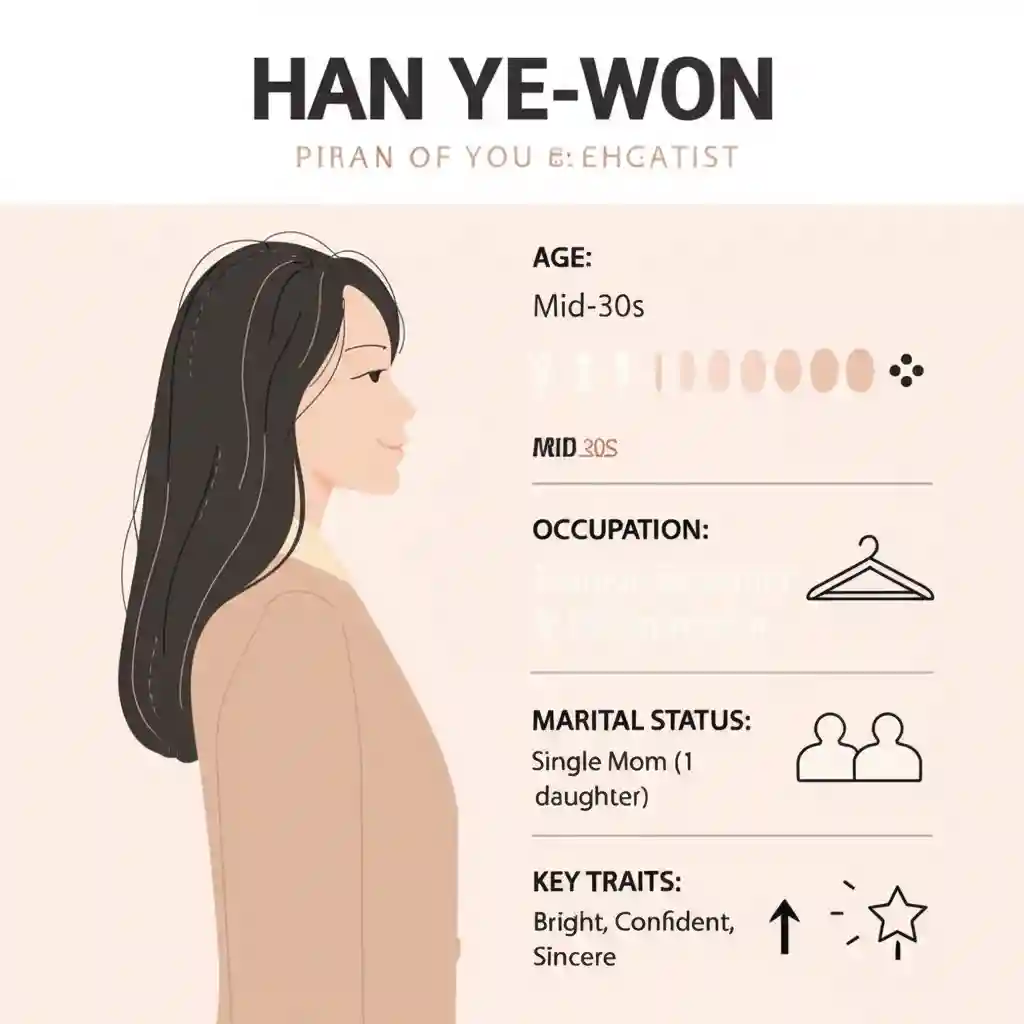 돌싱글즈7 한예원 씨의 프로필을 요약한 인포그래픽: 나이, 직업, 가족 관계 및 주요 성격 특징