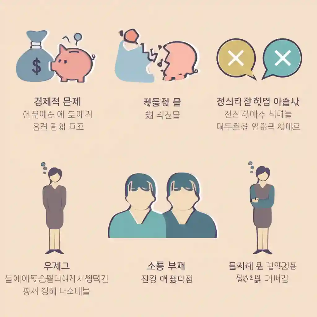 이혼의 주요 원인을 시각적으로 보여주는 인포그래픽: 경제적 문제, 가치관 차이, 소통 부재 등