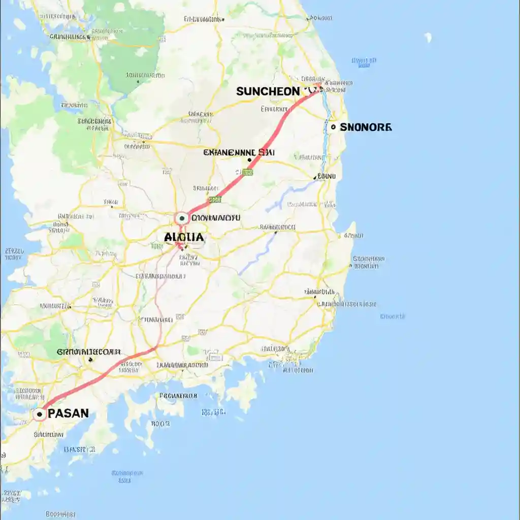 대한민국 지도에 표시된 순천시의 위치와 주변 도시, 주요 도로 및 철도 노선
