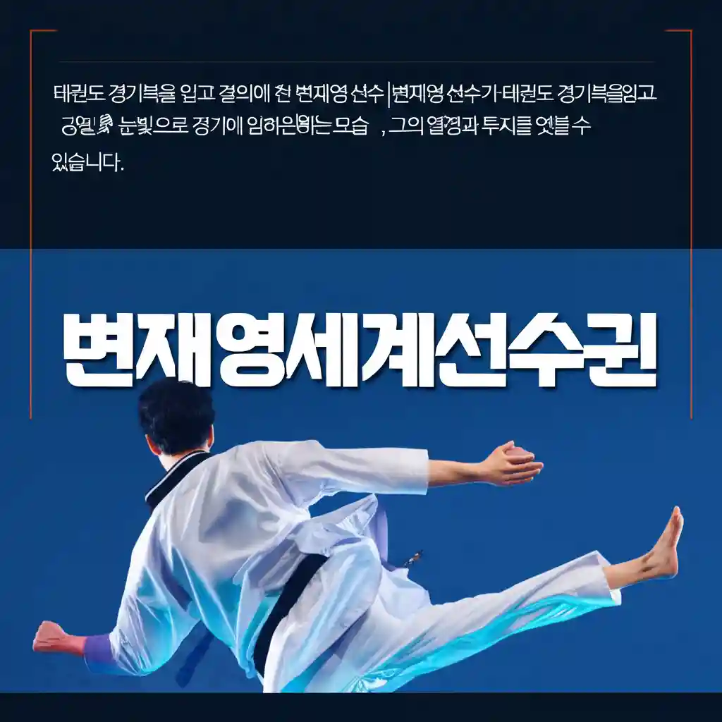 변재영세계선수권 태권도 경기복을 입고 결의에 찬 변재영 선수 변재영 선수가 태권도 경기복을 입고 강렬한 눈빛으로 경기에 임하는 모습 그의 열정과 투지를 엿볼 수 있습니다 이미지...