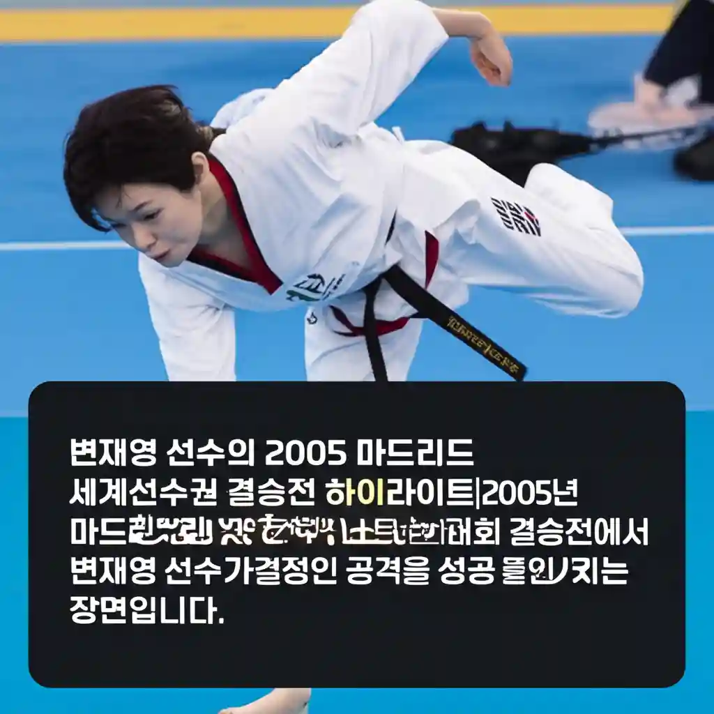 변재영세계선수권 변재영 선수의 2005 마드리드 세계선수권 결승전 하이라이트 2005년 마드리드 세계태권도선수권대회 결승전에서 변재영 선수가 결정적인 공격을 성공시키는 장면입니다 이미지...